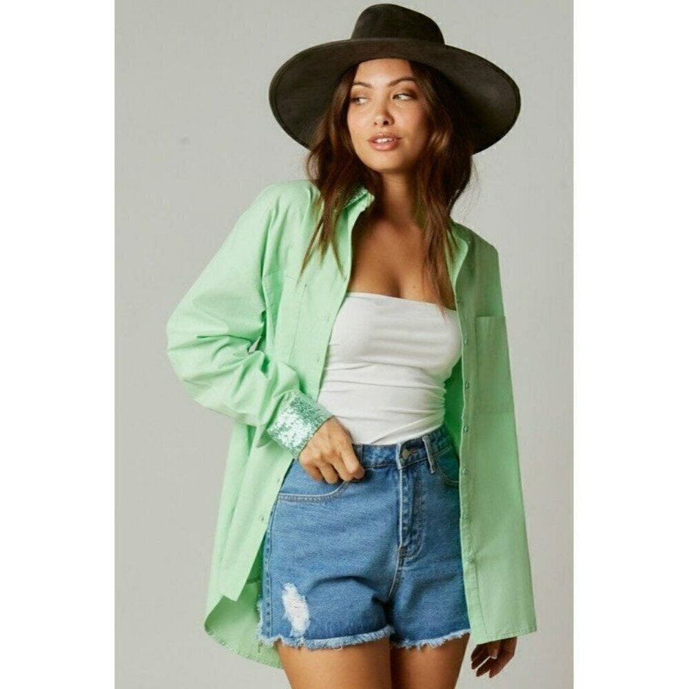 Made My Day Smile Sequin Outline Patch Shirt in Apple Green - Picture 3 of 8